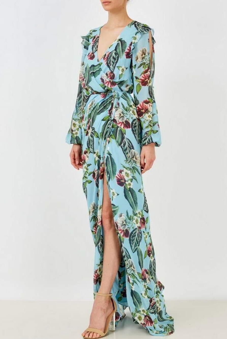 Nicholas Womens Wrap Dress US 0 Blue Mayflower Silk Floral Maxi Split Sleeve